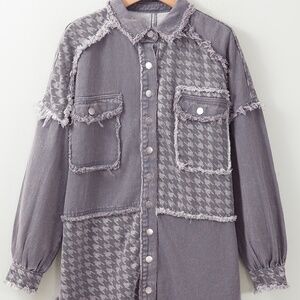 B098 Medium Grey Retro Distressed Houndstooth Patchwork Denim Jacket